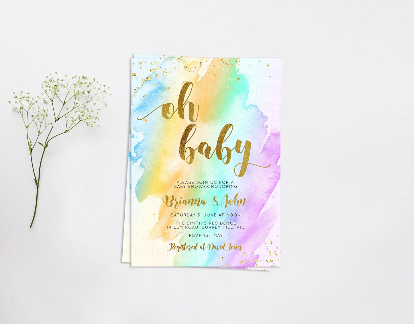 Rainbow Baby Shower Invitation Watercolor Pastel Invitation Colorful Splash Baby Shower Invite Gold Glitter Sprinkles Ombre Invite 489