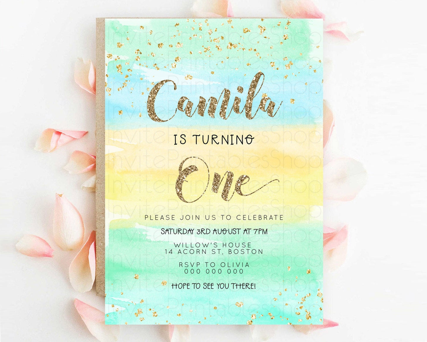 Rainbow Birthday Invitation Colorful Pastel Watercolor Invitation Gold Glitter Sprinkles Ombre Pastel 1st 2nd 3rd Birthday D23269