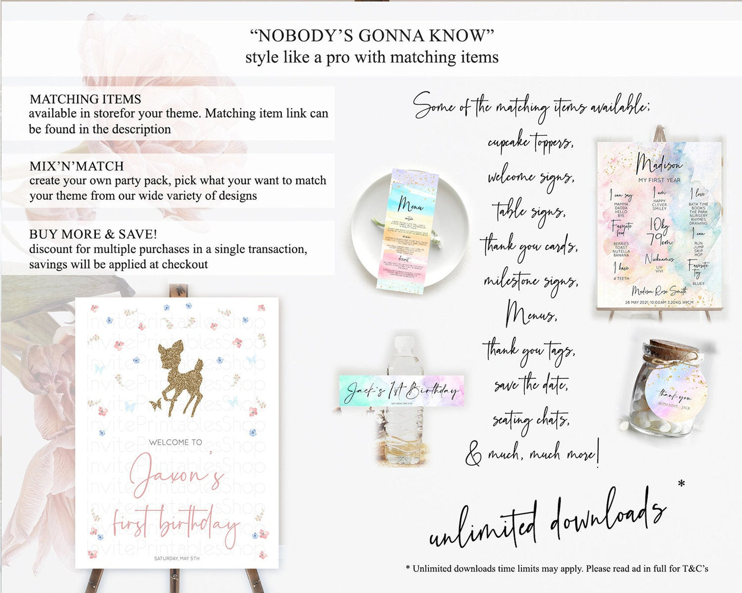 Fawn Welcome Sign Deer Welcome Board Floral Deer Welcome Poster Enchanted Forest Butterfly Pastel Floral First Birthday Welcome Sign D10359
