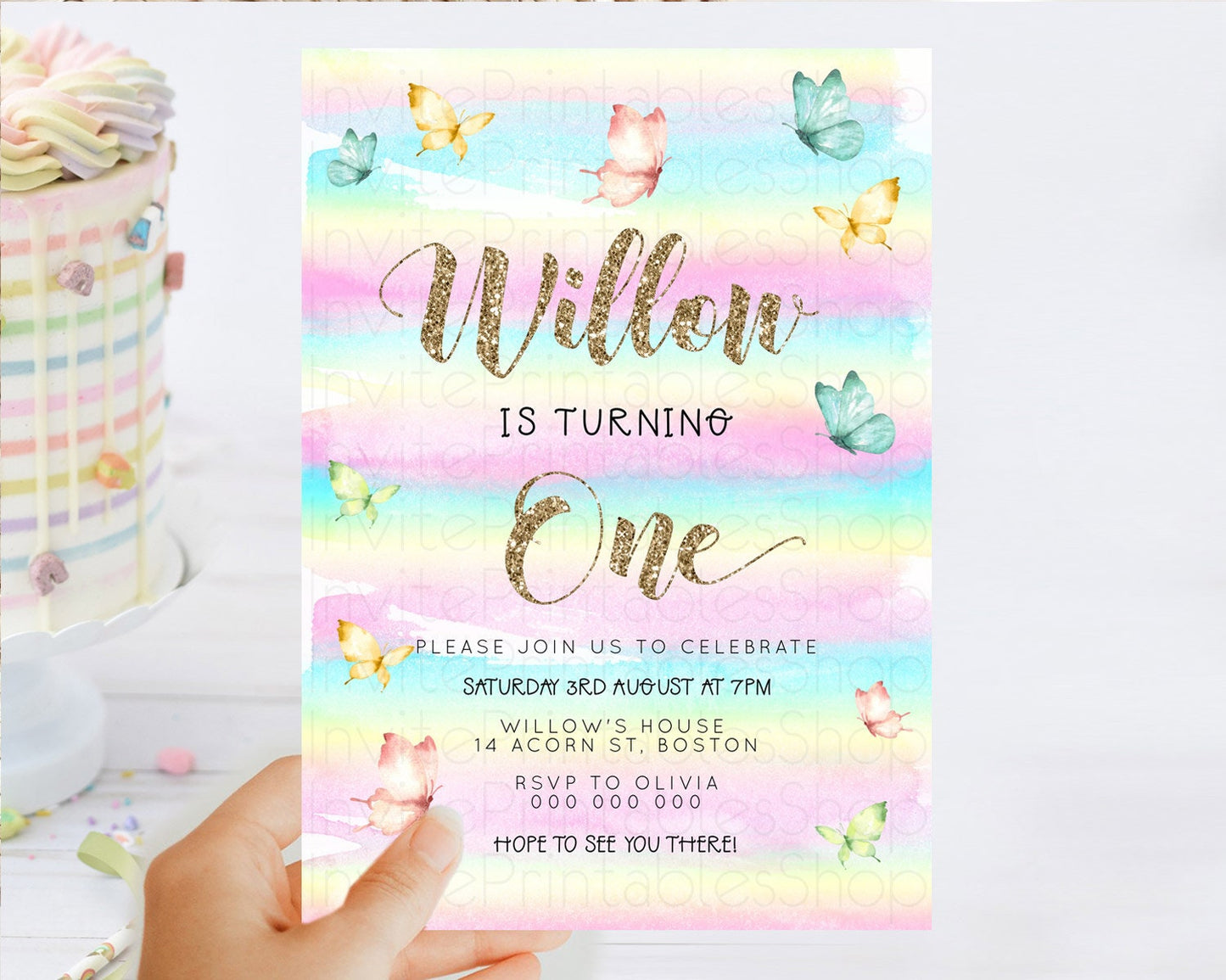 Pastel Butterfly Birthday Invitation Butterfly Birthday Invitation Colorful Splash Glitter Butterfly Garden 1st 2nd Birthday D23218