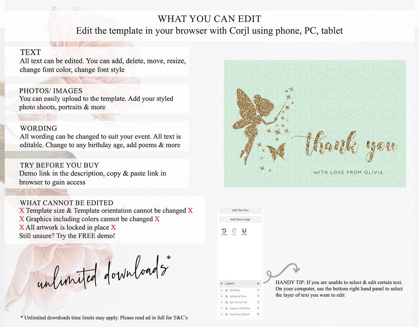 Fairy Thank You Fairy Thank You Card Enchanted Garden Pastel Butterfly Birthday Thank You Floral Secret Garden Teacher Thank You D10908