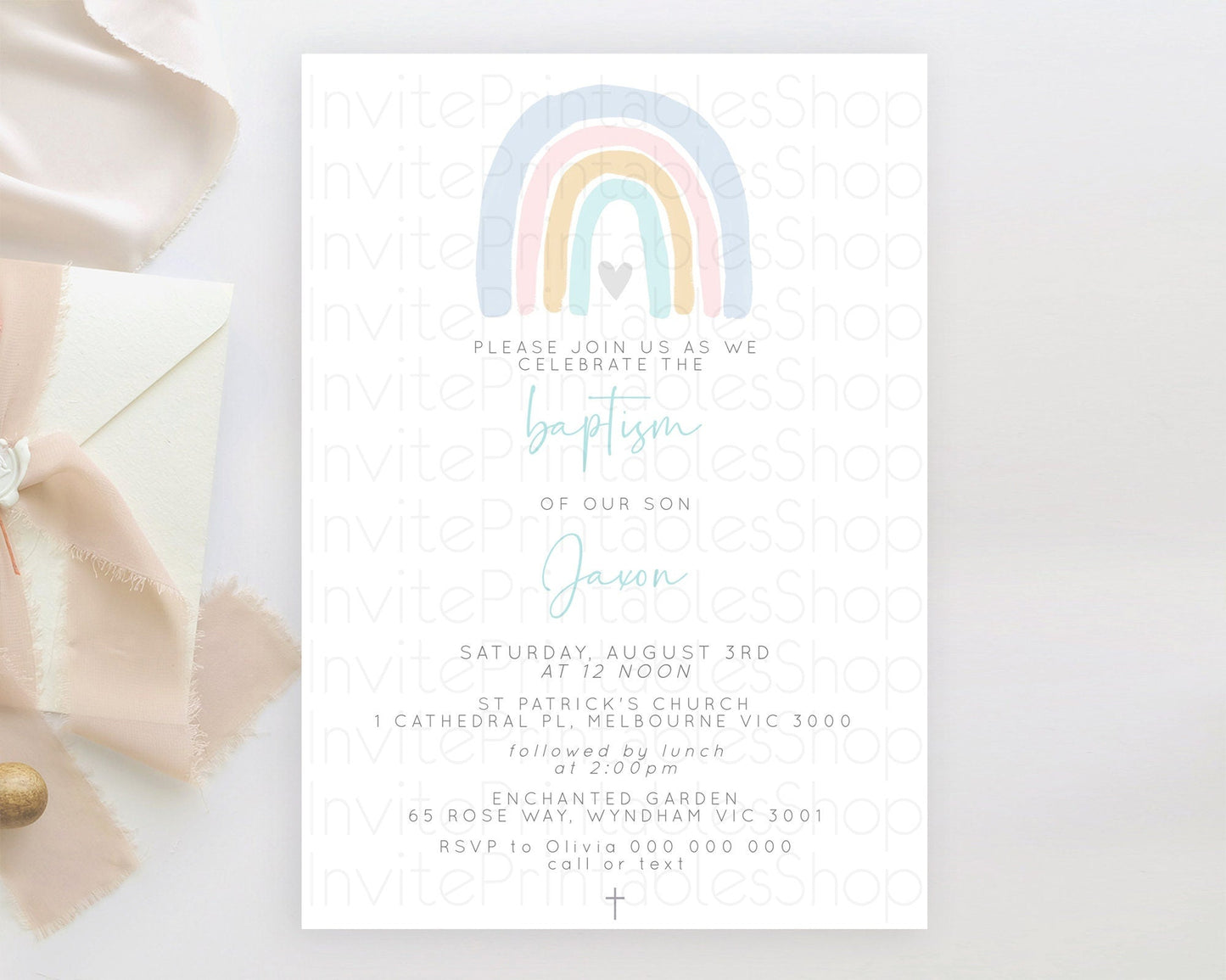 Pastel Rainbow Baptism Invitation Boho Rainbow Baptism 1st Birthday Invitation Rainbow Pastel Watercolor Christening Invitation D10214