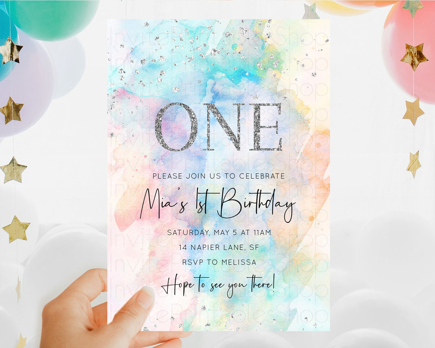 Rainbow Birthday Invitation Colorful Pastel Watercolor Silver Glitter Sprinkles Ombre Pastel Invitation 1st 2nd 3rd First Birthday D11031