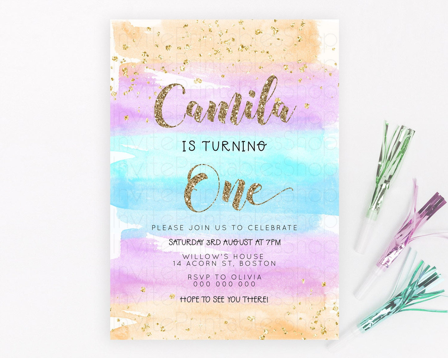 Rainbow Birthday Invitation Colorful Pastel Watercolor Invitation Gold Glitter Sprinkles Ombre Pastel 1st 2nd 3rd Birthday D23272