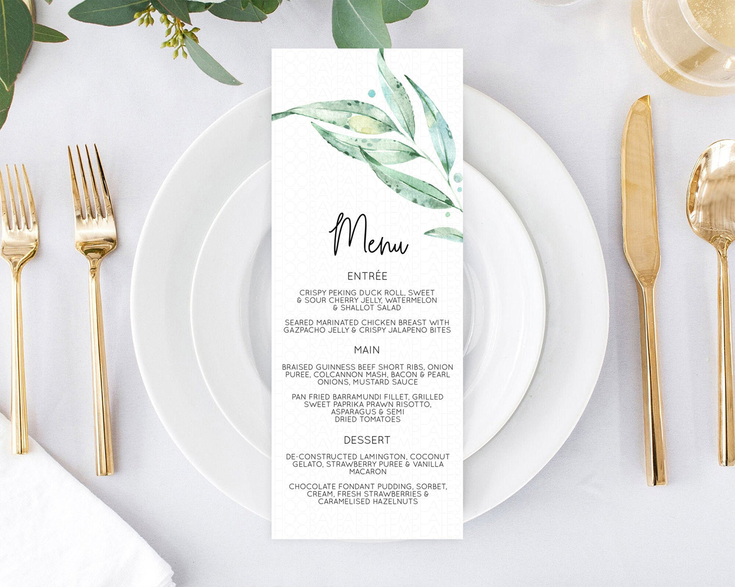 Leafy Menu Green Leaf Menu Template Eucalyptus Fern Leaves Decor Watercolor Boho Garden Leaf Branch Dinner Dessert Party Food Menu D11014