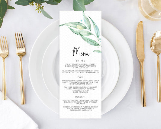 Leafy Menu Green Leaf Menu Template Eucalyptus Fern Leaves Decor Watercolor Boho Garden Leaf Branch Dinner Dessert Party Food Menu D11014