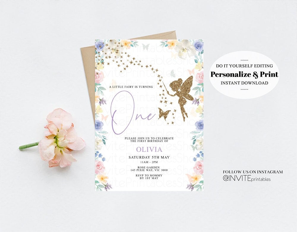 Fairy Birthday Invitation Enchanted Garden Fairy Garden Watercolor Secret Garden Glitter Floral Pastel Pink Blue Yellow Purple Flowers F113