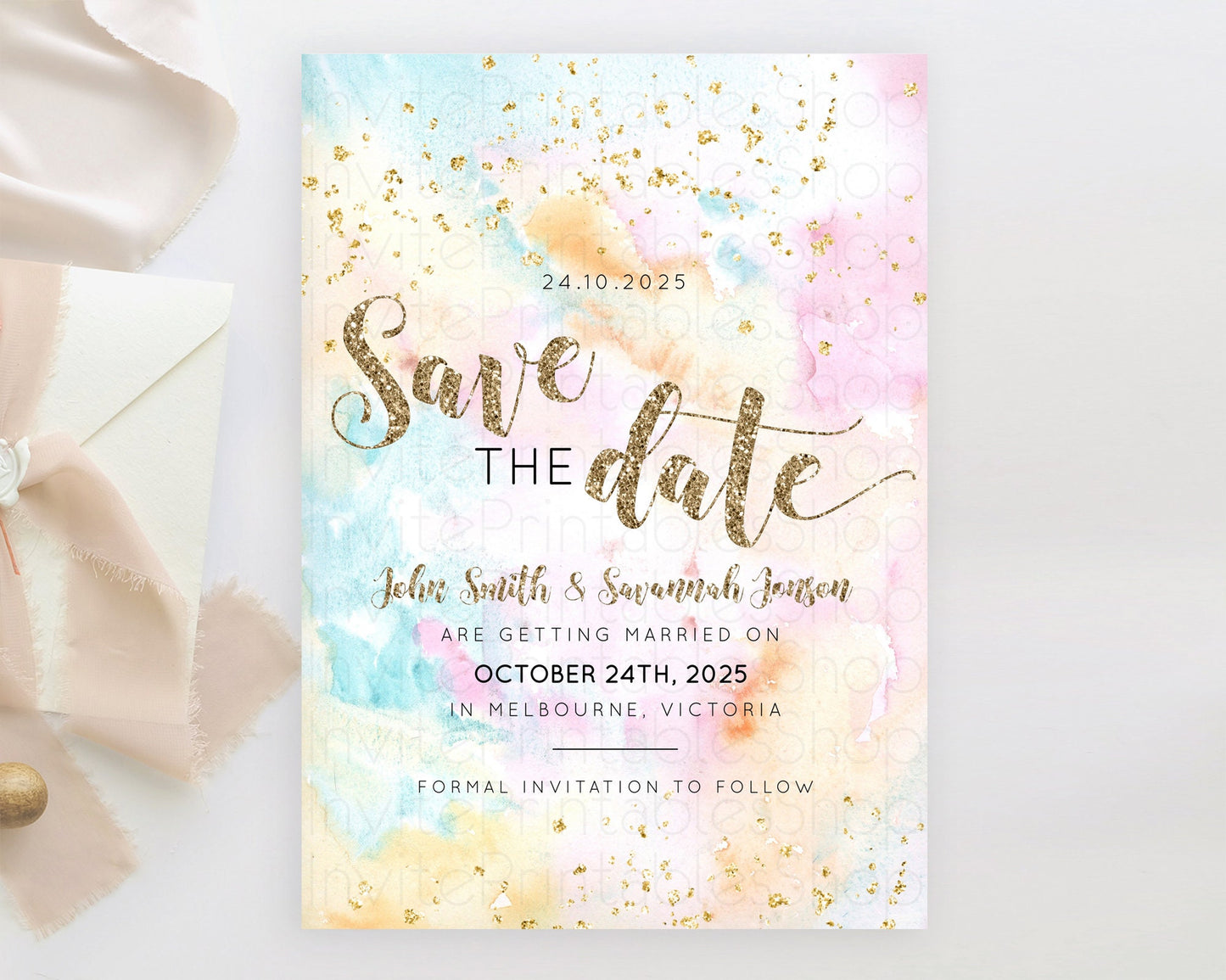 Pastel Save The Date Template Pastel Ombre Rainbow Watercolor Colorful Party For Birthday Baptism Baby Shower Wedding Bridal Shower D10548