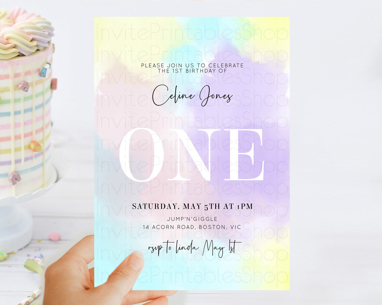 Editable Rainbow Birthday Invitation Colorful Pastel Watercolor Invitation G