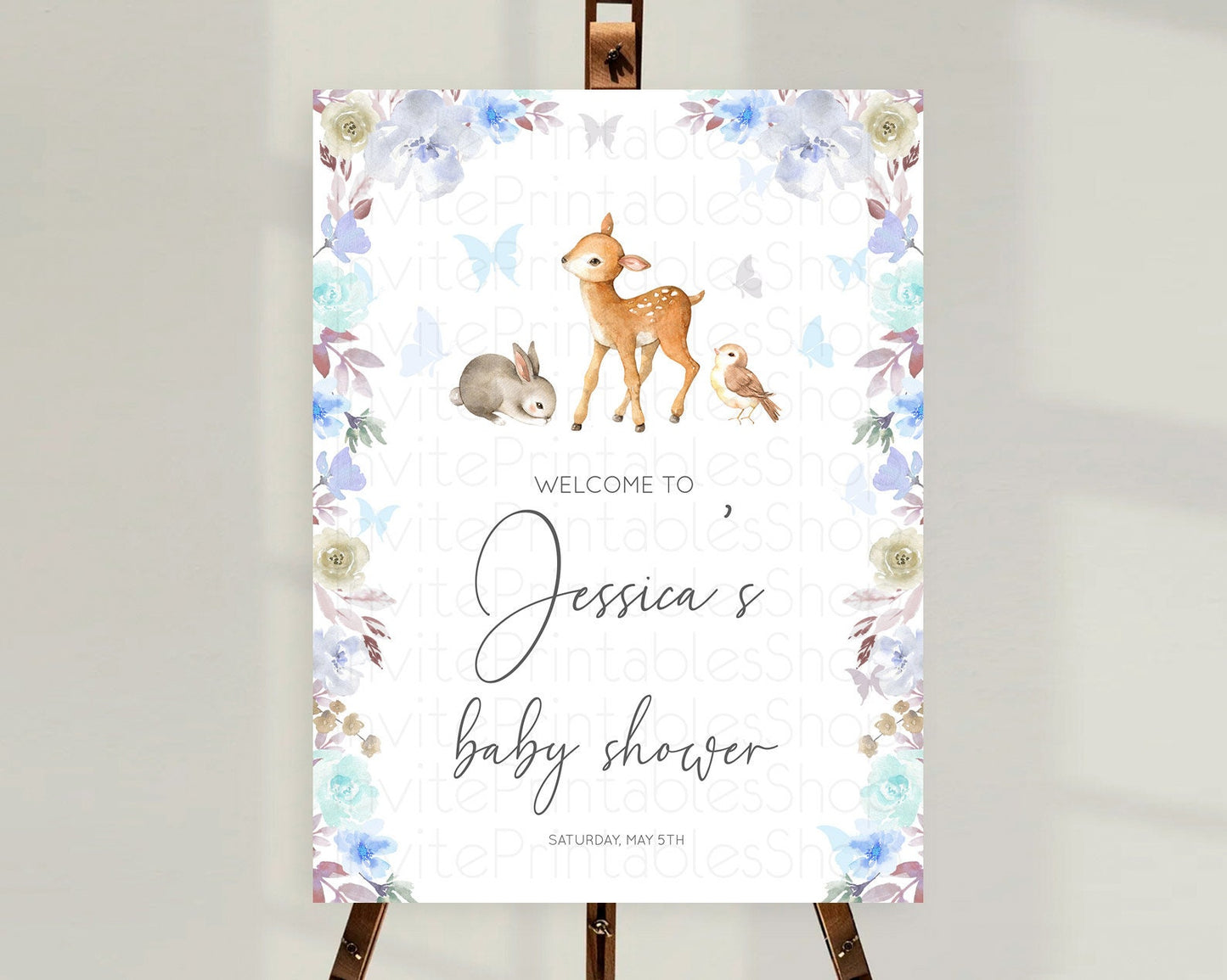 Fawn Baby Shower Welcome Sign Deer Welcome Board Floral Deer Welcome Poster Enchanted Forest Butterfly Pastel Floral Welcome Sign D10929