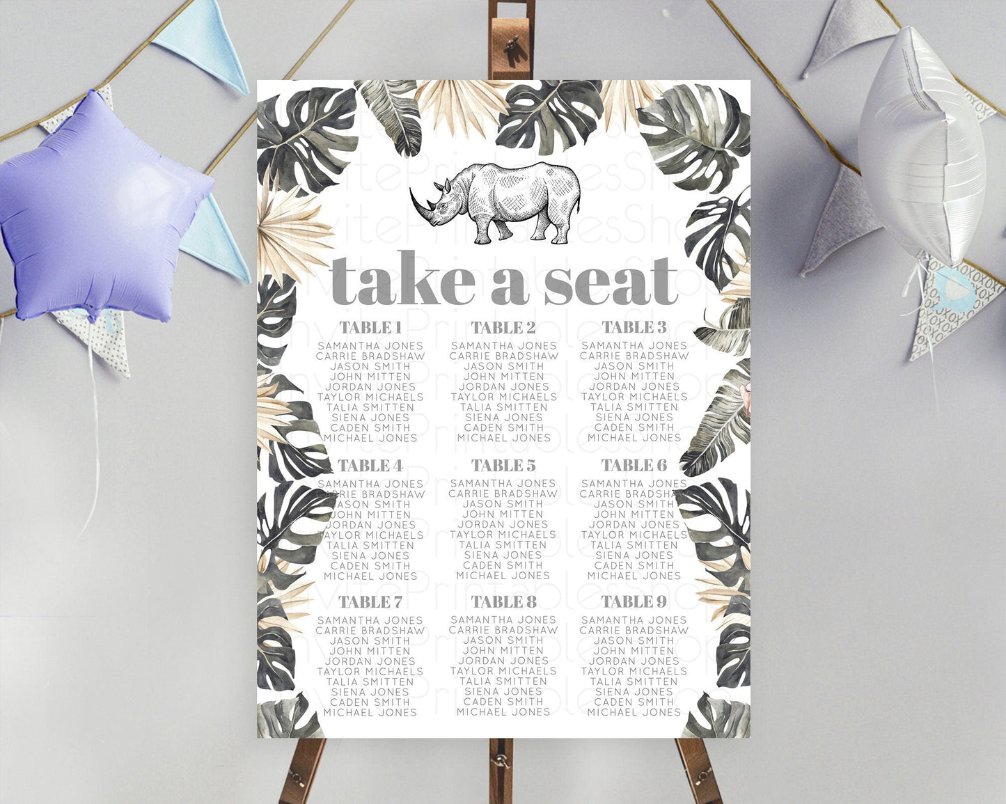 Rhino Seating Chart Rhino Seating Sign Rhino Take A Seating Chart Rhino Safari Adventure Decor Zoo Party Rhino Palm Leaf Decor D10826
