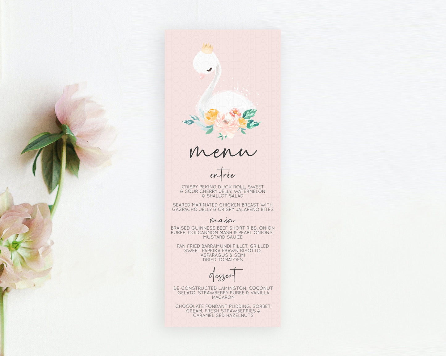 Swan Menu Swan Princess Ballet Menu Template Enchanted Swan Lake Table Decor Secret Garden Pastel Floral Dinner Dessert Food Menu  D10388