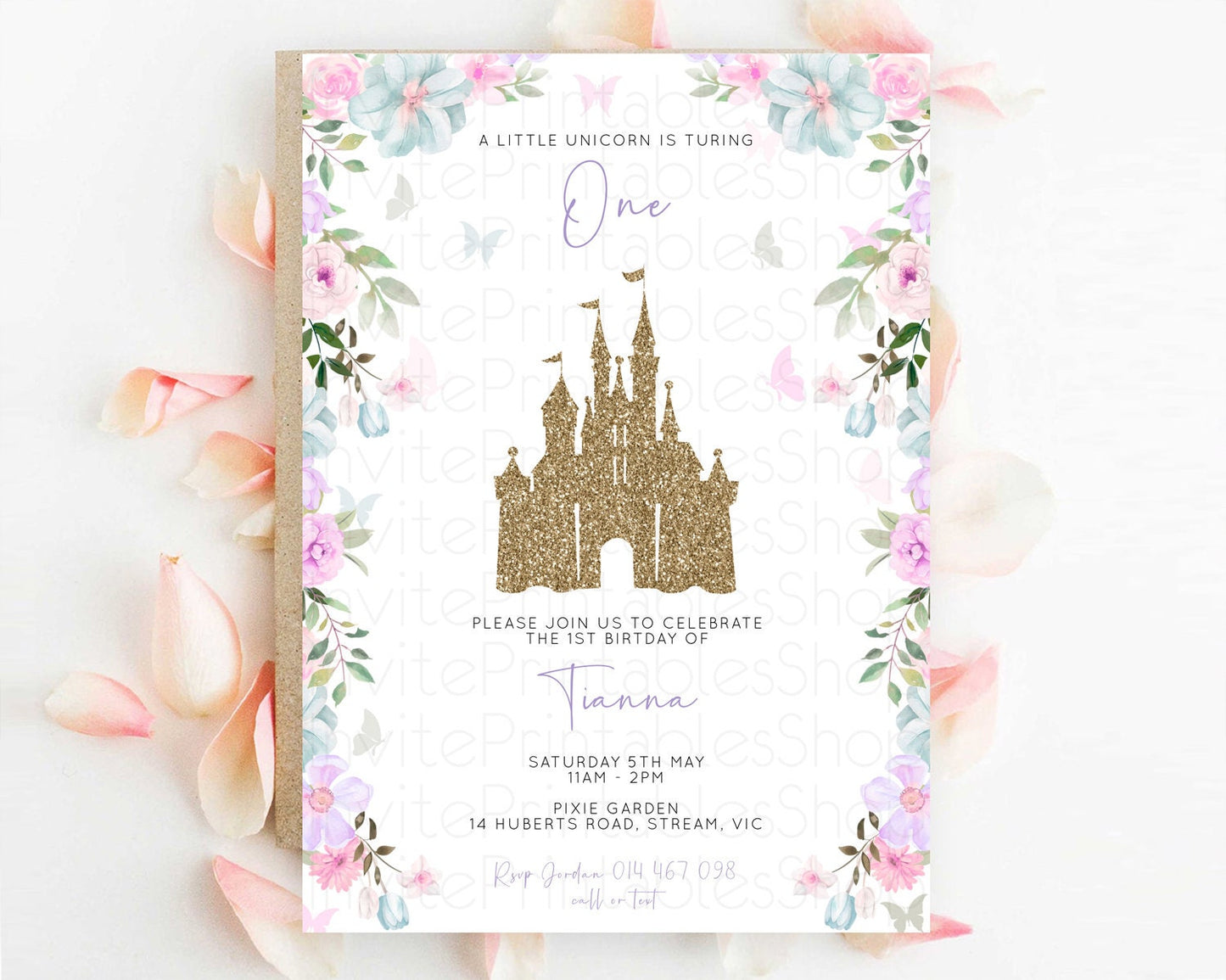 Princess Birthday Invitation Castle Invitation Royal Birthday Fairy Tale Enchanted Castle Pastel Floral Garden 1st First Birthday D10470