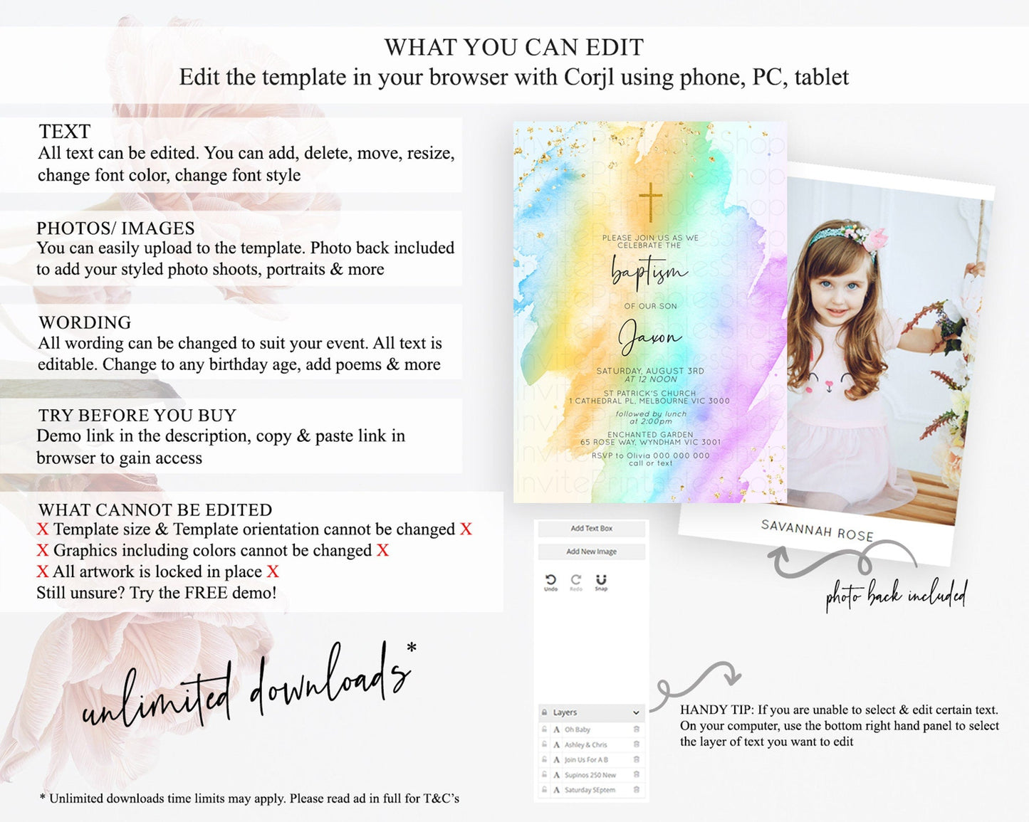 Pastel Baptism Invitation Pastel Colors Watercolor Baptism 1st Birthday Party Gold Ombre Pastel Rainbow Christening Holy Communion D10427