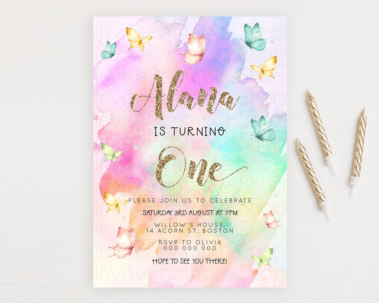 Pastel Butterfly Birthday Invitation Butterfly Birthday Invitation Colorful Splash Glitter Butterfly Garden 1st 2nd Birthday D23243