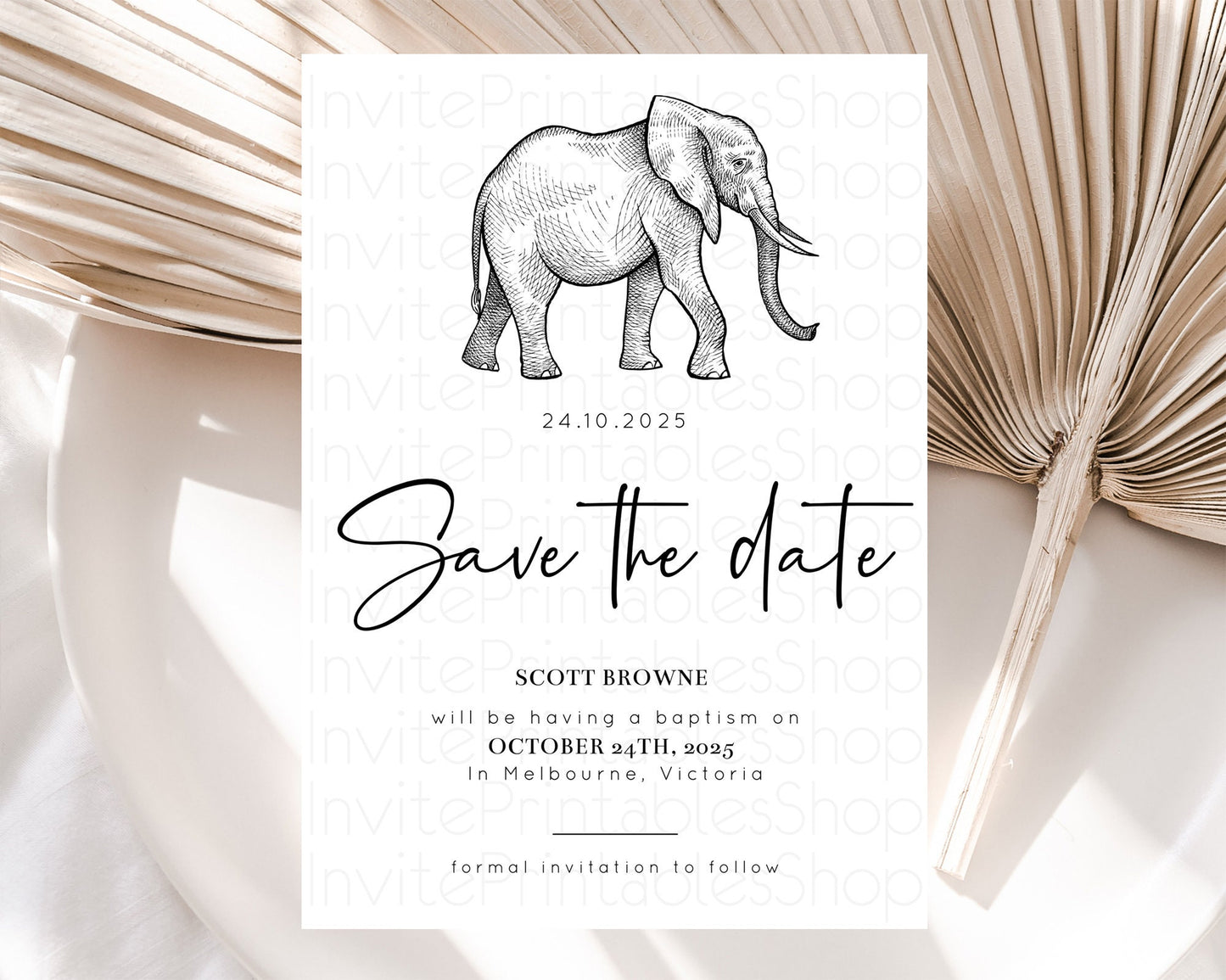 Elephant Save The Date Template Elephant Safari Adventure Party Dried Palm Fern Zoo 1st Birthday Baptism Baby Shower Bridal Shower D10248