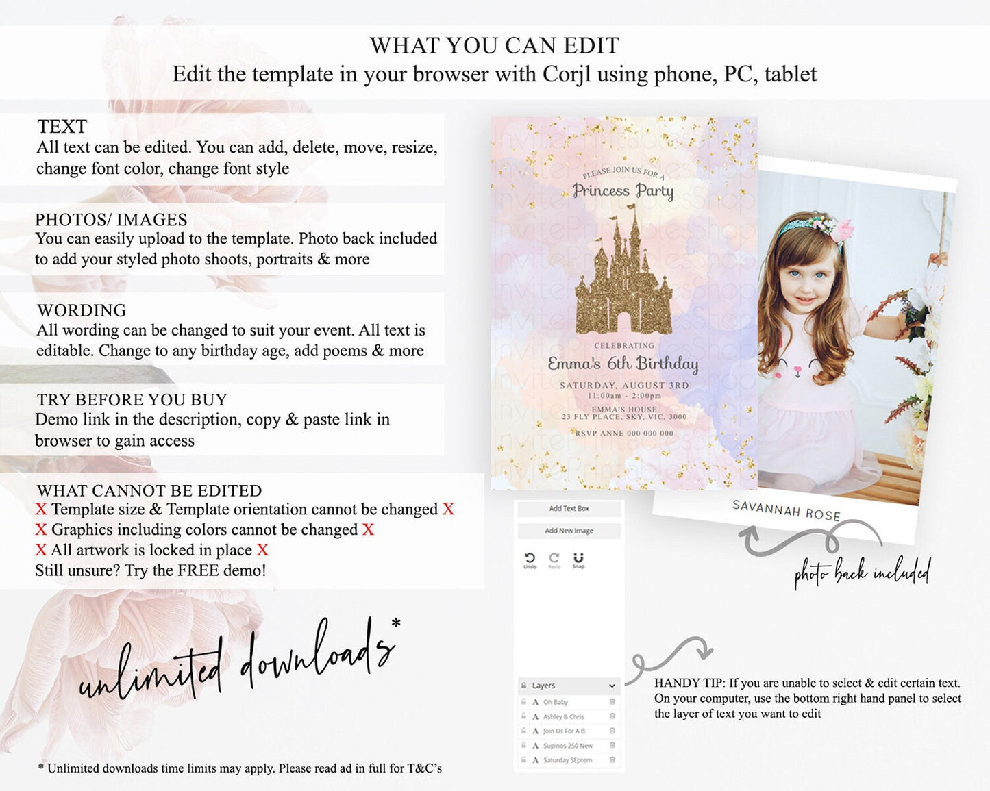 Princess Birthday Invitation Princess Invitation Pastel Invitation Royal Birthday Rainbow Color Enchanted Castle 1st First Birthday D10161