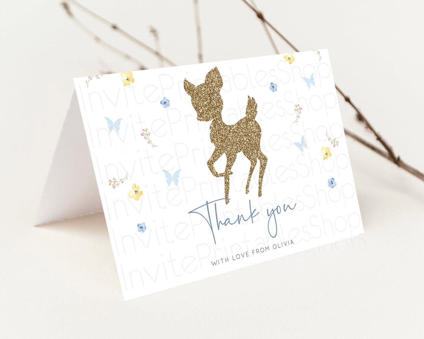 Fawn Thank You Deer Thank You Card Pastel Floral Deer Birthday Thank You Card Enchanted Forest Butterfly Deer Teacher Thank You Card D10360