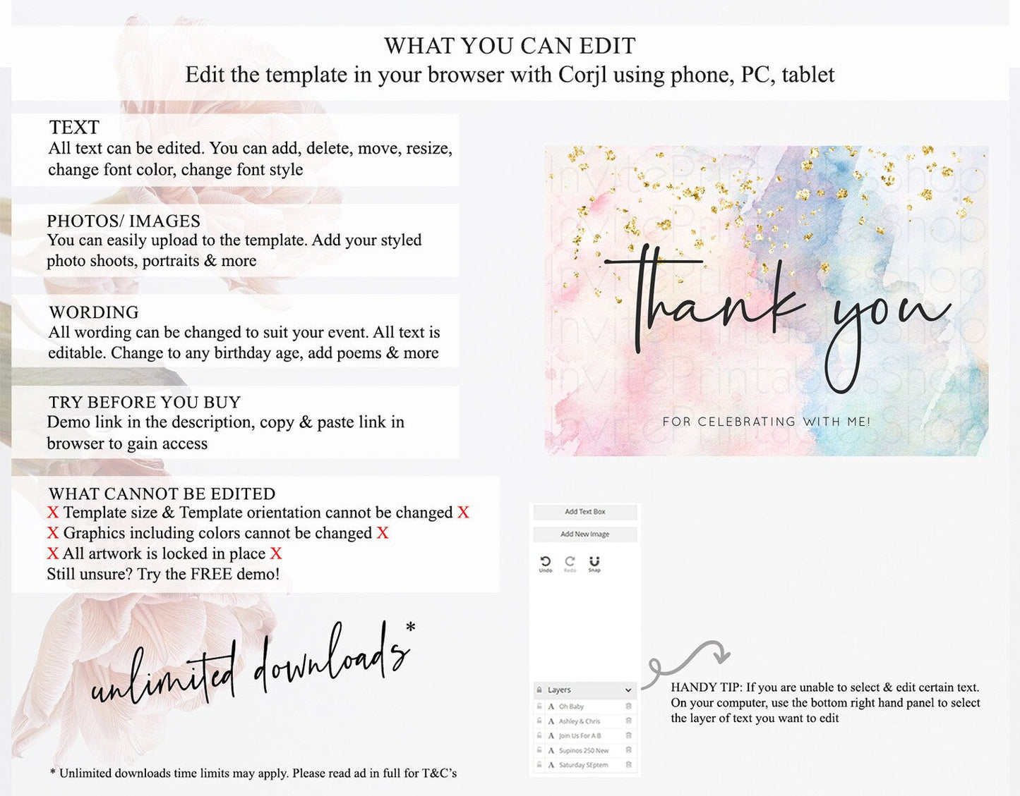 Pastel Thank You Rainbow Thank You Card Colorful Pastel Birthday Thank You Card Confetti Watercolor Pastel Teacher Thank You Cards D10263