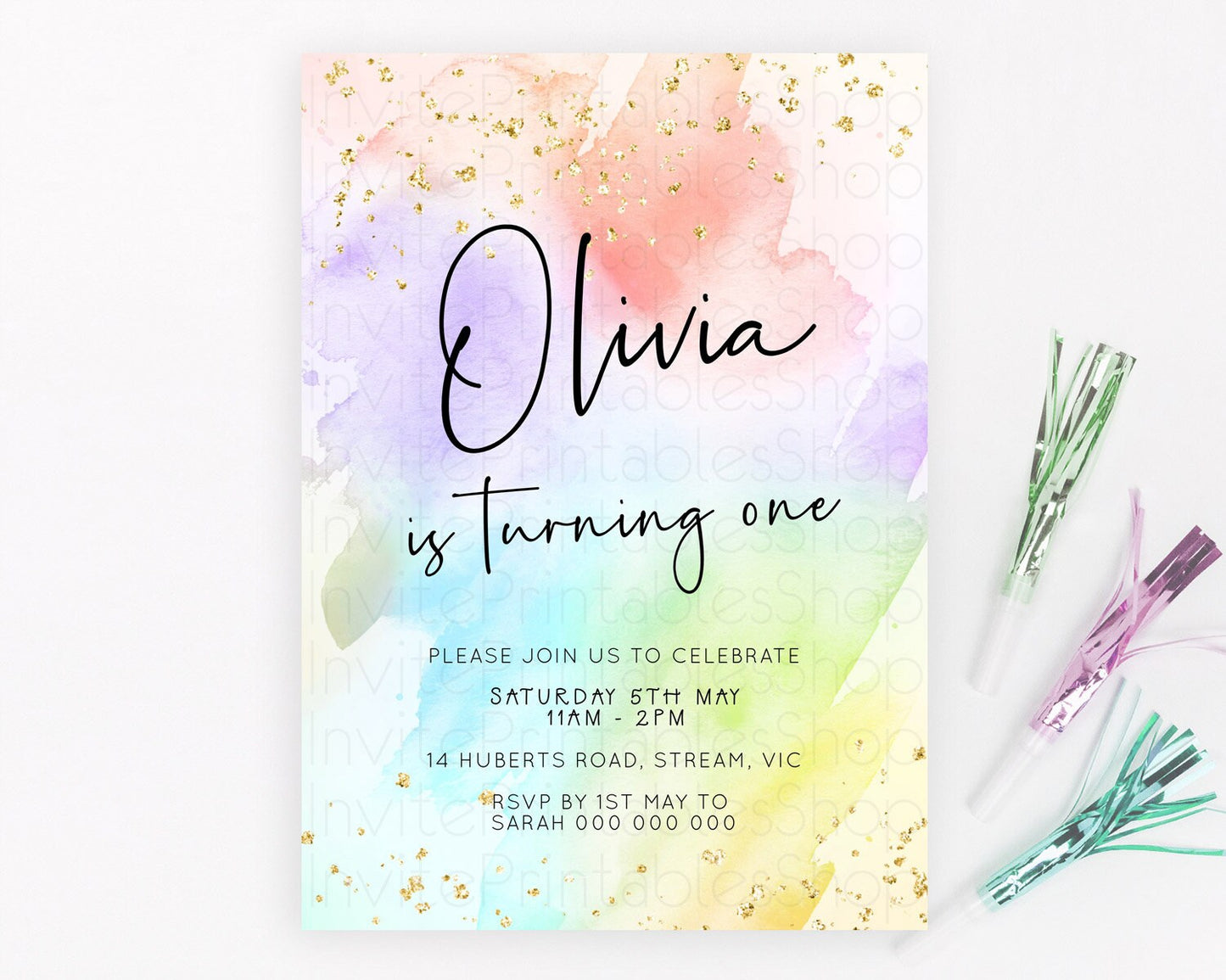 Pastel Birthday Invitation Ombre Watercolor Birthday Invitation Glitter Rainbow Color Splash 1st 2nd 3rd Birthday Invitation D23071