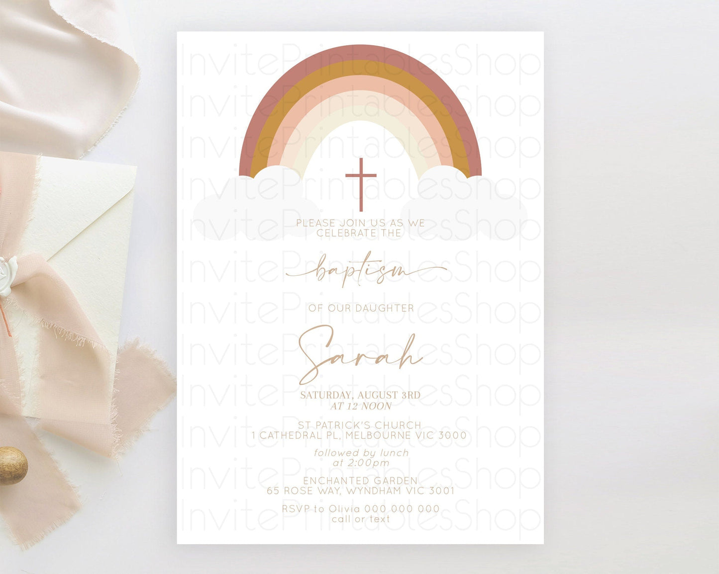Pastel Rainbow Baptism Invitation Boho Rainbow Baptism 1st Birthday Invitation Rainbow Pastel Watercolor Christening Invitation D10122