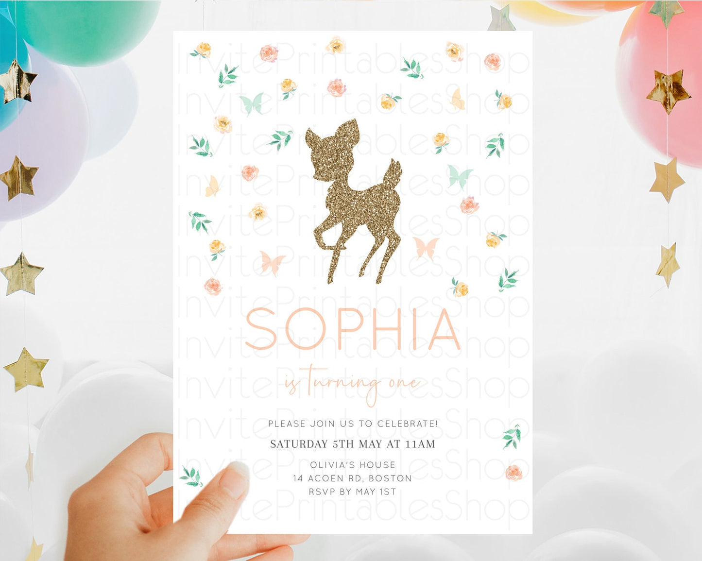 Fawn Birthday Invitation Deer Birthday Invitation Enchanted Forest Party Butterfly Pastel Flowers Whimsical 2nd 1st First Birthday D10355