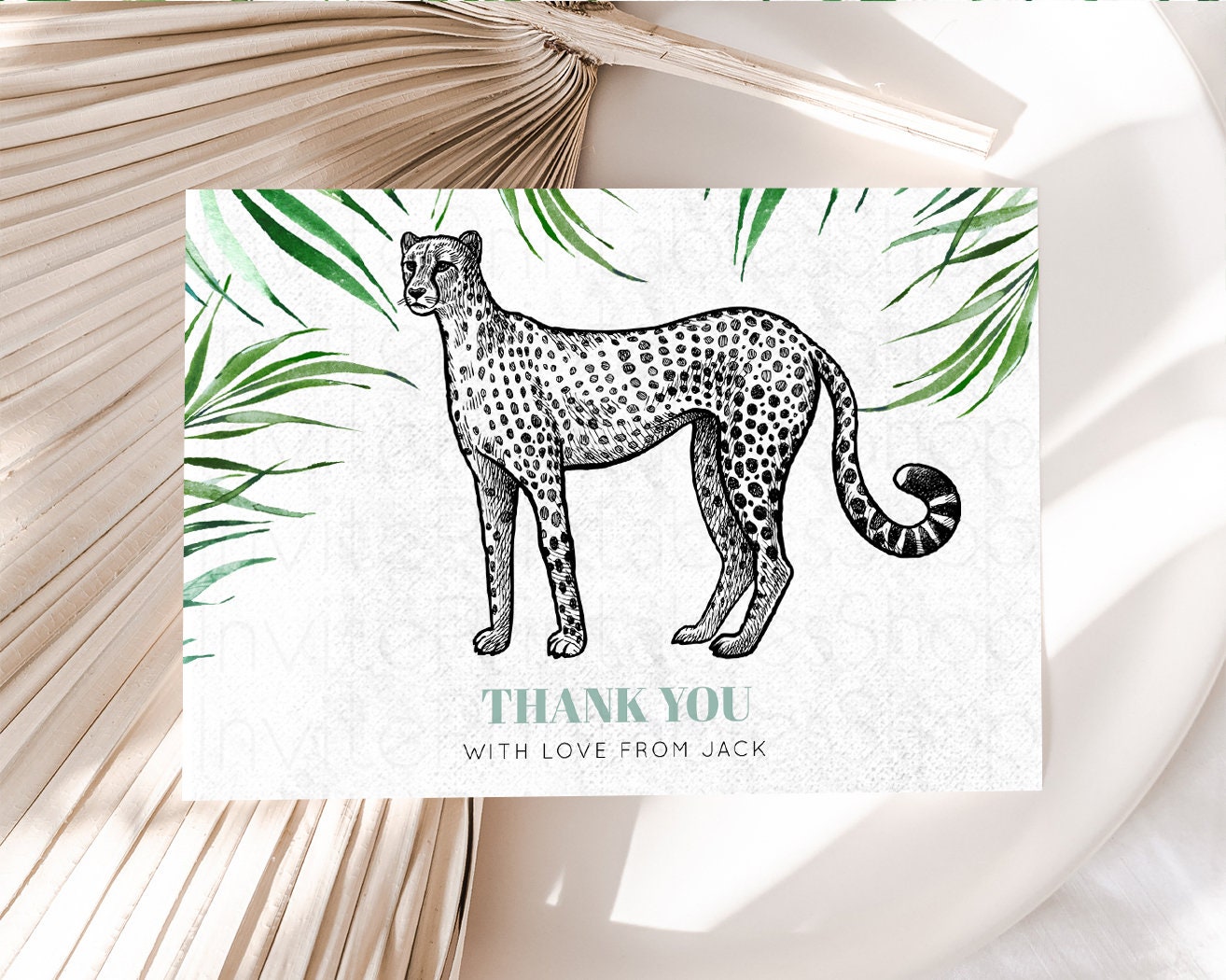 Cheetah Thank You Card Tropical Palm Fern Wild One Safari Jungle Zoo Party Foldable Card Tent Flat Postcard Detail Insert Card Birthday 287