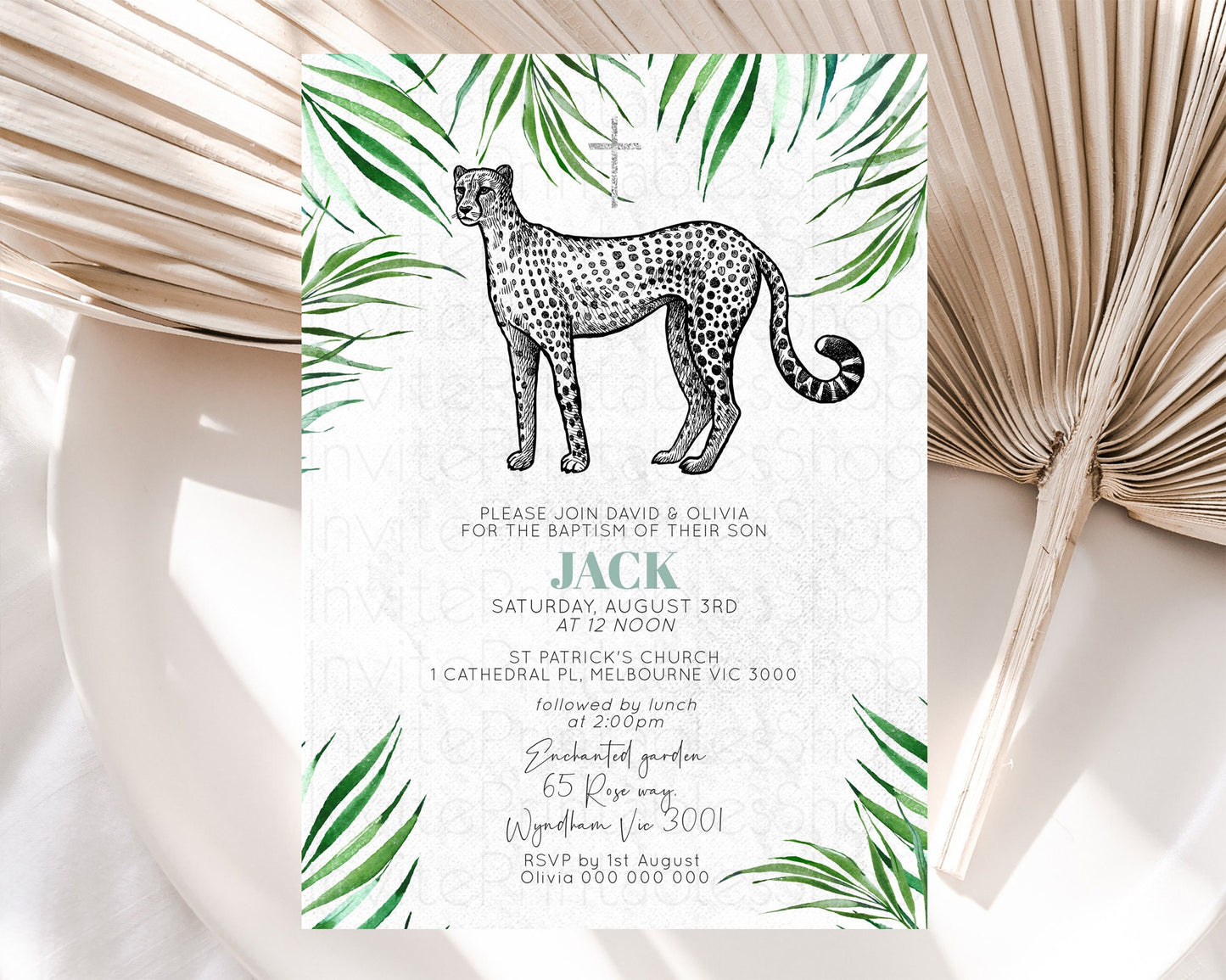 Cheetah Baptism Invitation Cheetah Baptism 1st Birthday Invitation Cheetah Safari Adventure Christening Party Palm Leaf Zoo Cheetah D10849