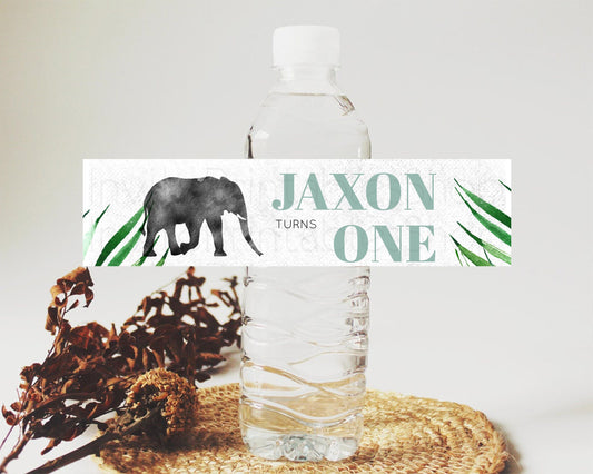 Elephant Water Label Template Elephant Safari Adventure Party Decor Dried Palm Fern Zoo Birthday Baptism Baby Shower Bridal Shower D10842