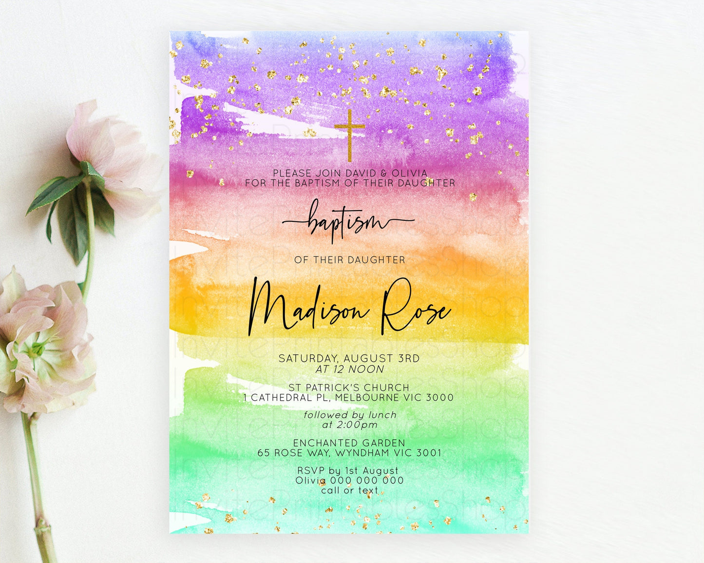 Pastel Baptism Invitation Pastel Colors Watercolor Baptism 1st Birthday Party Gold Ombre Pastel Rainbow Christening Holy Communion D10524