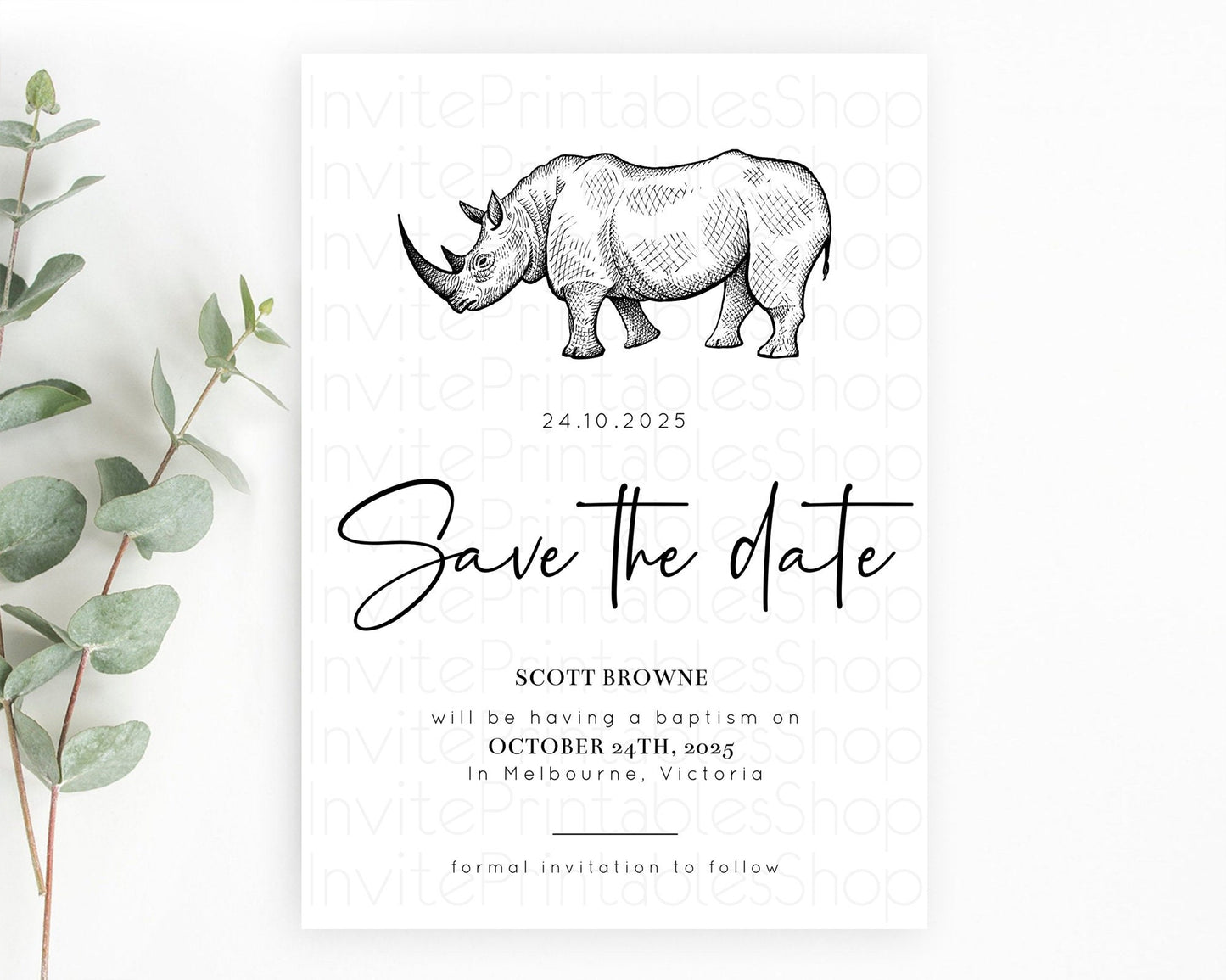 Rhino Save The Date Template Rhino Party Save The Date Safari Adventure Rhino Minimal Theme For 1st Birthday Baptism Baby Shower D10253