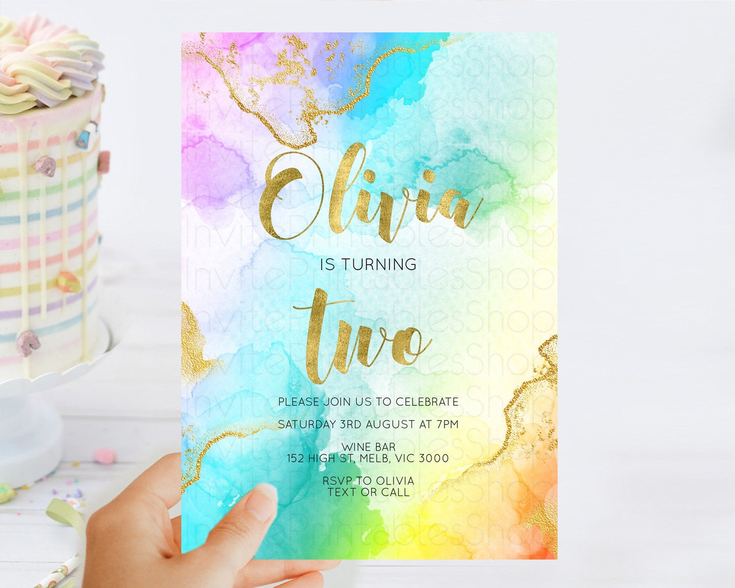 Rainbow Birthday Invitation Colorful Pastel Watercolor Invitation Gold Glitter Sprinkles Ombre Pastel 1st 2nd 3rd Birthday D10392