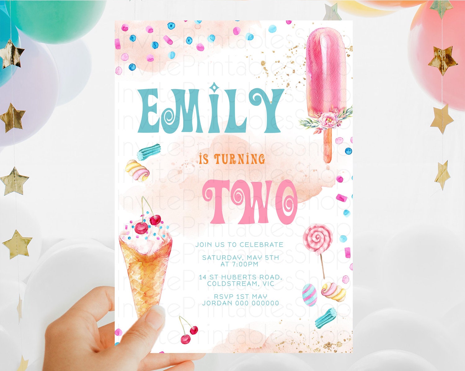 Editable Ice Cream Birthday Invitation Sweet One Invitation Heres The Scoop