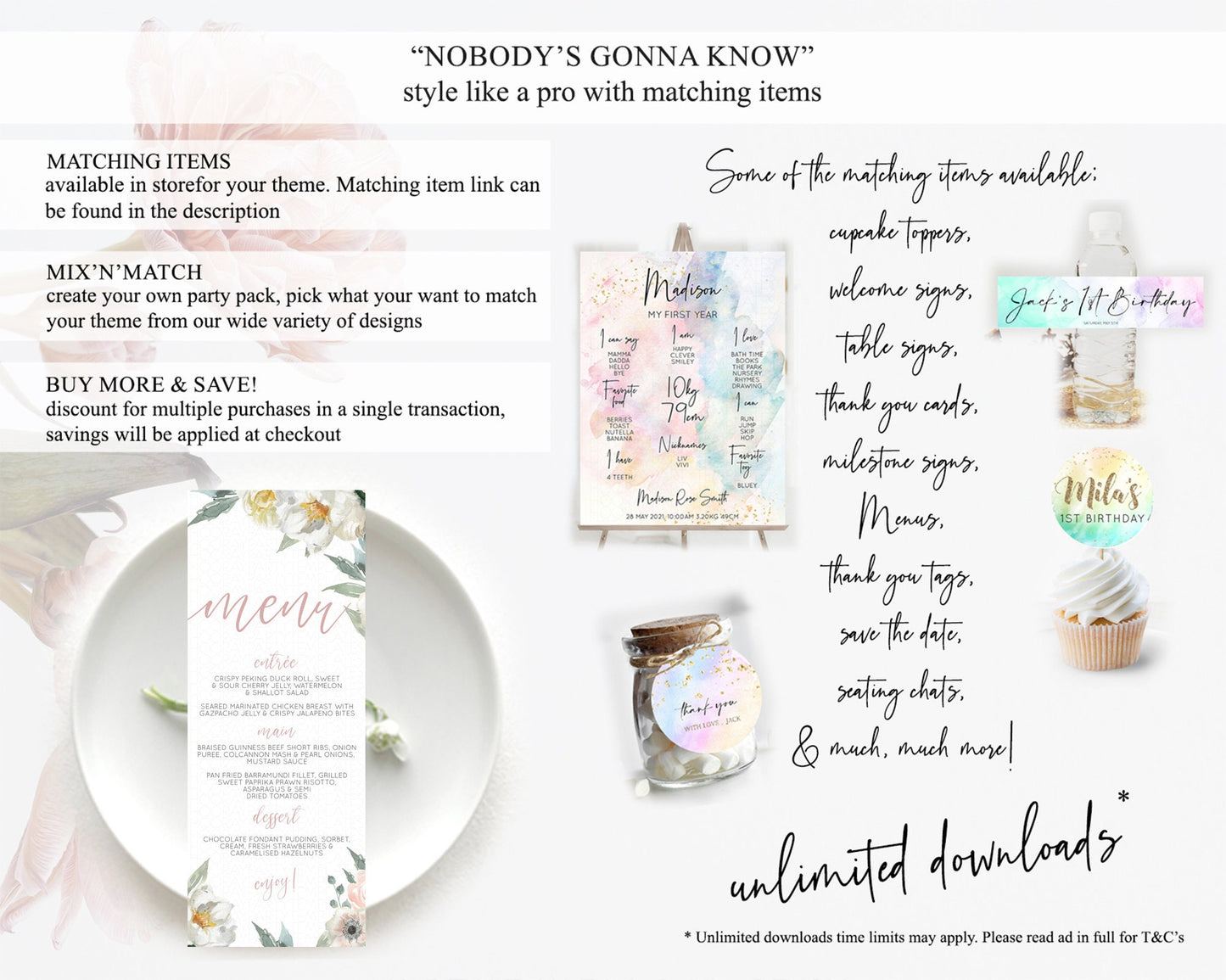 Secret Garden Menu Wildflower Menu Template Pastel Flower Garden Table Decor Boho Floral Dinner Dessert Floral Party Food Menu D10121