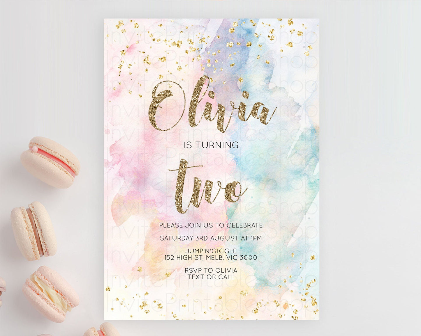 Rainbow Birthday Invitation Colorful Pastel Watercolor Invitation Gold Glitter Sprinkles Ombre Pastel 1st 2nd 3rd Birthday D10264