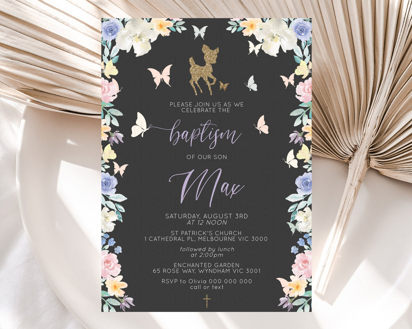 Fawn Baptism Invitation Deer Baptism 1st Birthday Invitation Enchanted Forest Christening Invitation Pastel Garden Butterfly Floral D10323