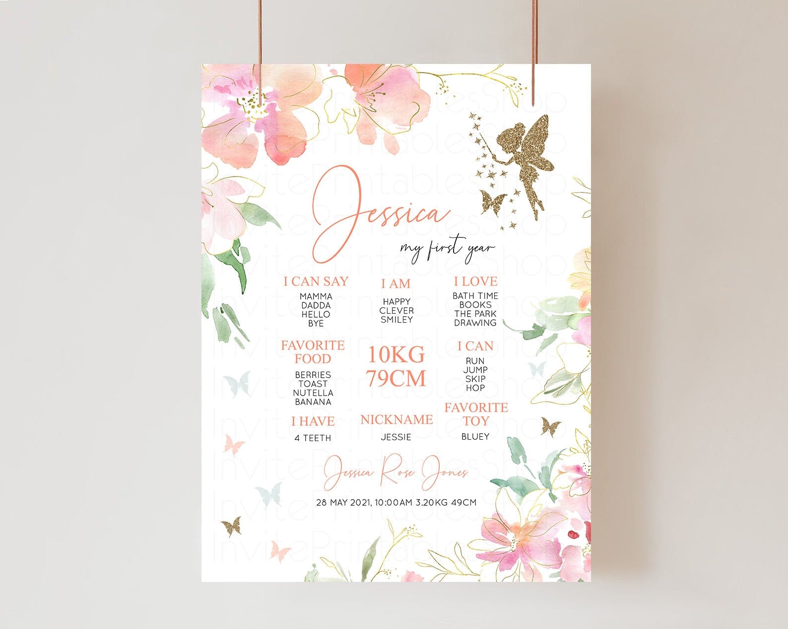 Editable Fairy Baby Milestone Board Pastel Floral First Birthday Poster Ench