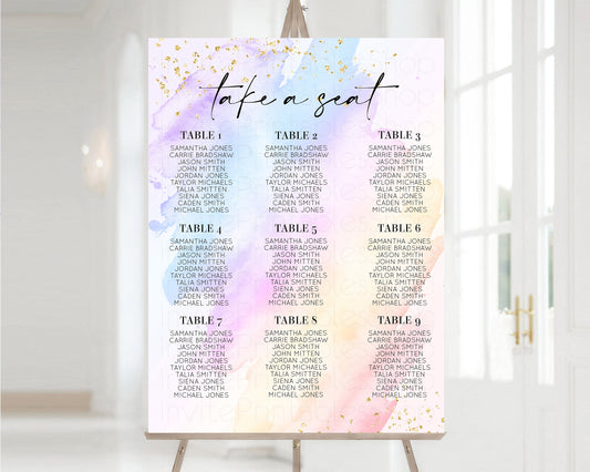 Editable Rainbow Seating Chart Pastel Clouds Seating Sign Gold Sprinkles Sea