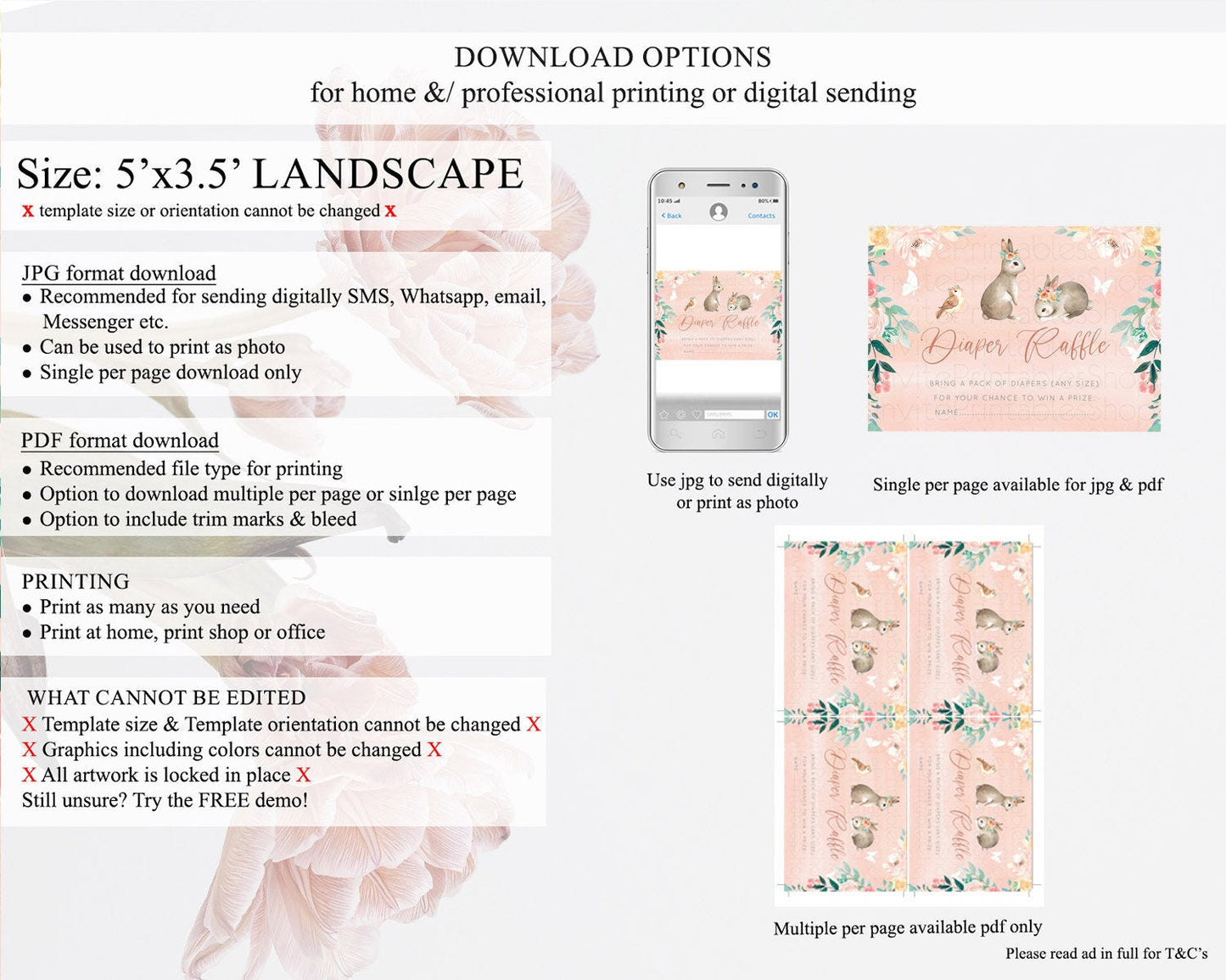 Bunny Diaper Raffle Card Floral Bunny Diaper Raffle Insert Pastel Flowers Woodland Bunny Diaper Ticket Forest Bunny Raffle Game D10922