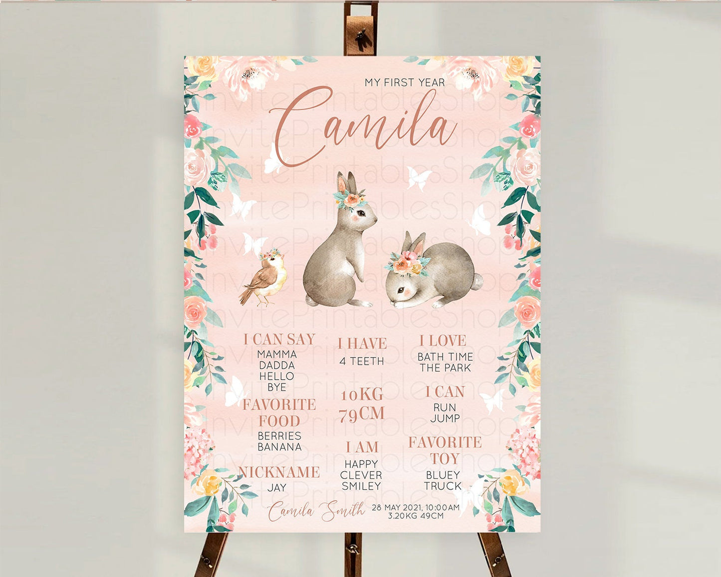 Bunny First Birthday Milestone Board Floral Bunny Milestone Poster Pastel Flowers Woodland Bunny Milestone 1st Birthday Welcome Sign D10922