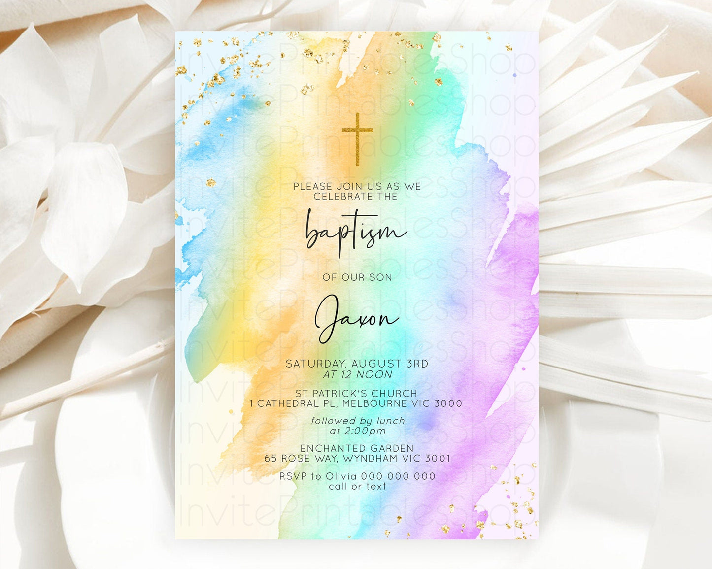 Pastel Baptism Invitation Pastel Colors Watercolor Baptism 1st Birthday Party Gold Ombre Pastel Rainbow Christening Holy Communion D10427