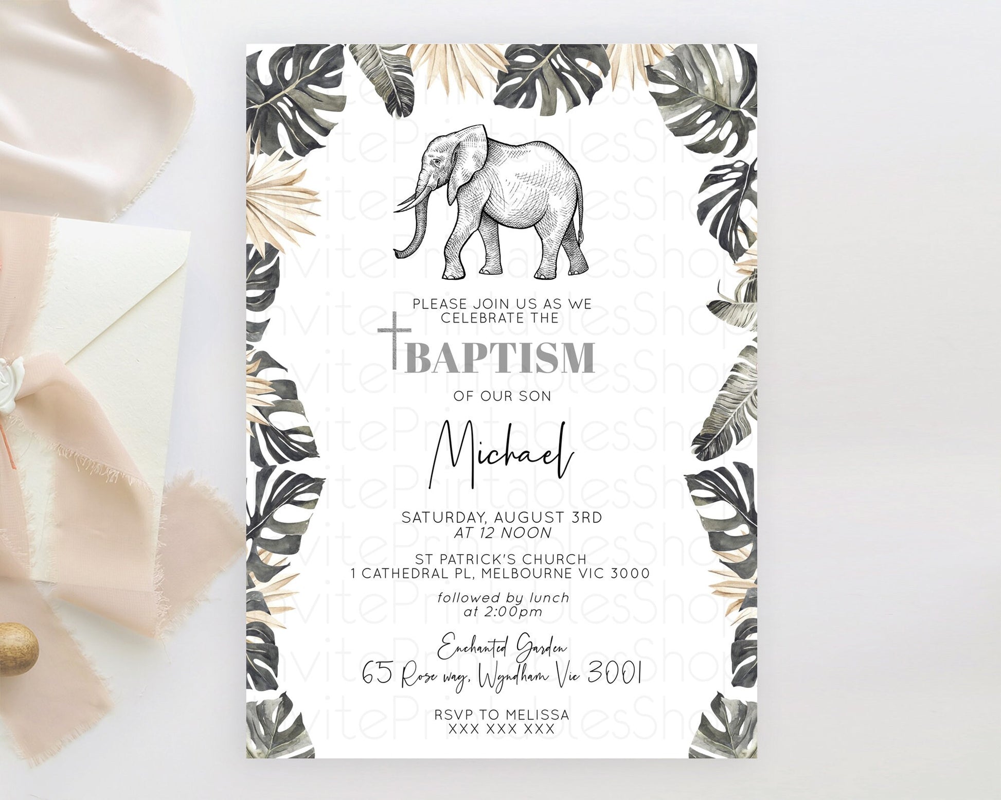 Editable Elephant Baptism Invitation Elephant Baptism 1st Birthday Invitatio
