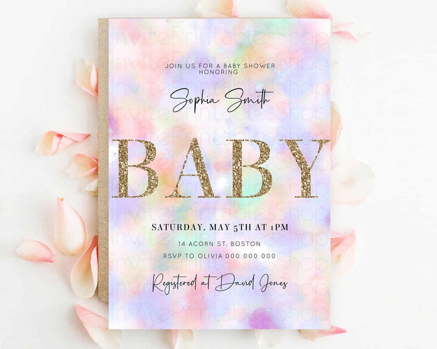 Pastel Baby Shower Invitation Rainbow Baby Shower Invitation Colorful Pastel Watercolor Invitation Gold Glitter Sprinkles Ombre D10697