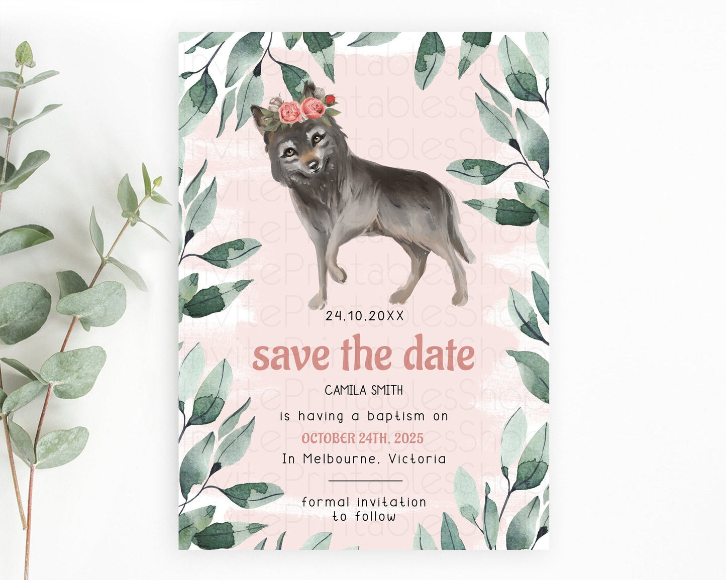 Wolf Save The Date Template Pastel Floral Wolf Party Forest Adventure Wilderness Theme 1st Birthday Baptism Christening Baby Shower D10535