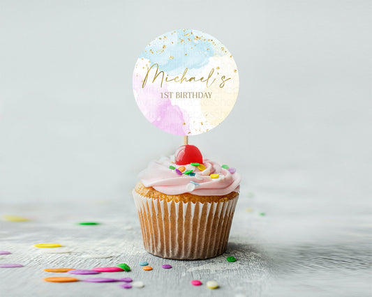 Editable Rainbow Cupcake Toppers Pastel Cupcake Toppers Colorful Pastel Wate