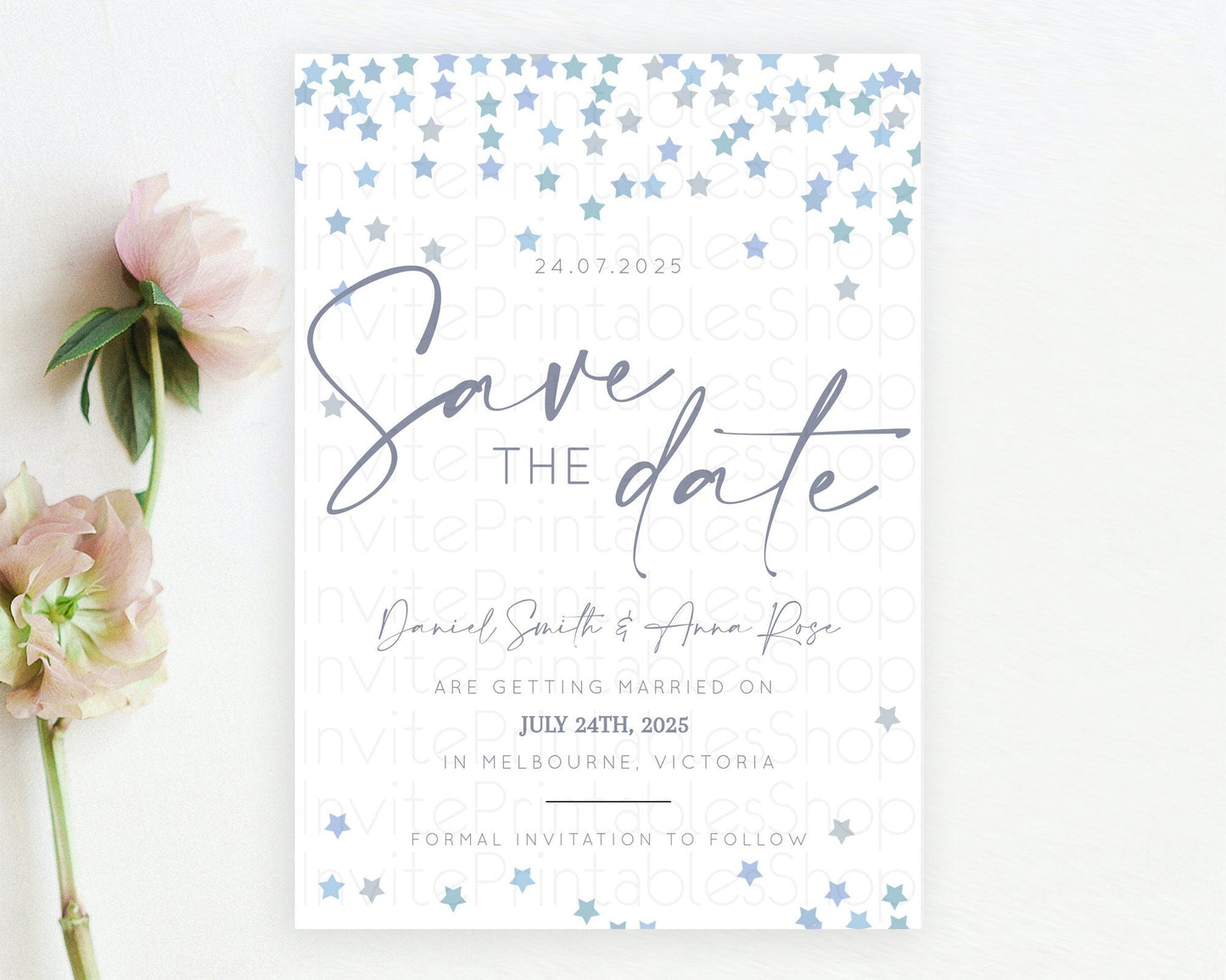 Twinkle Stars Save The Date Template Pastel Twinkle Little Star Party Shooting Star Confetti Sprinkles Birthday Baptism Baby Shower D10341