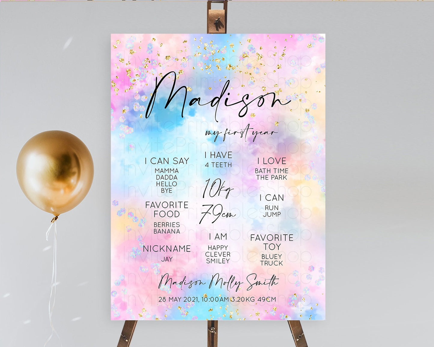 Pastel First Birthday Milestone Board Pastel Rainbow Milestone Poster Colorful Confetti Watercolor Glitter 1st Birthday Welcome Sign D10607