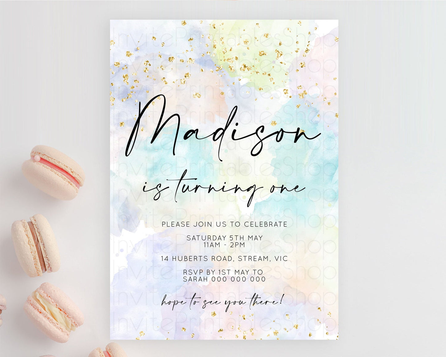 Rainbow Birthday Invitation Colorful Pastel Watercolor Invitation Gold Glitter Sprinkles Ombre Pastel 1st 2nd 3rd Birthday D10613
