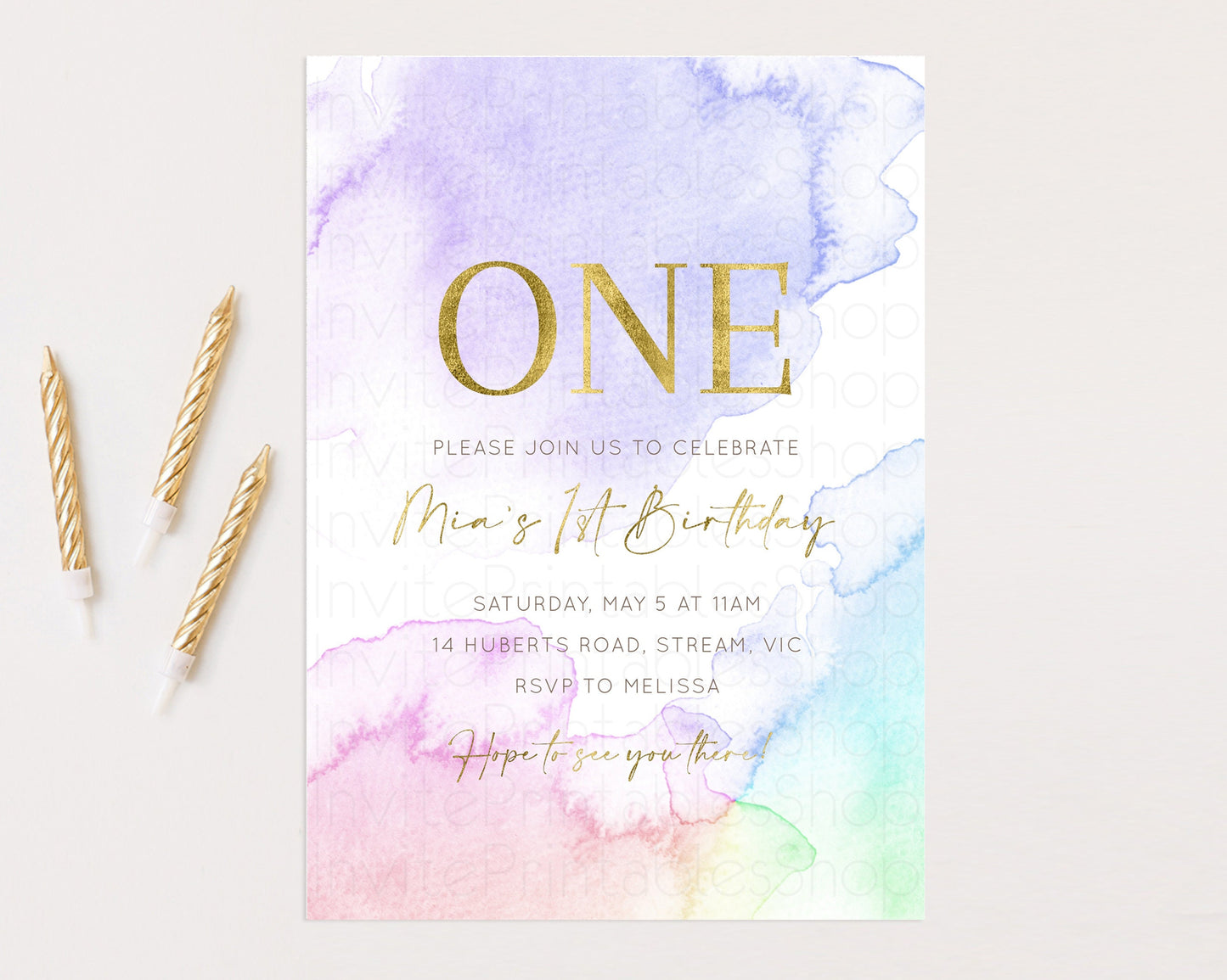 Rainbow Birthday Invitation Pastel Birthday Invite Ombre Watercolor Invite Enchanted Theme Colorful Splash Glitter Sprinkles 1st 2nd 3rd 193