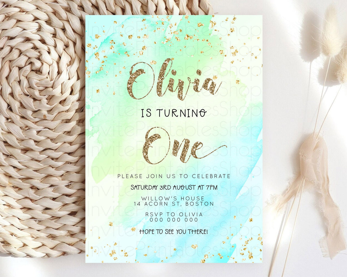 Green Birthday Invitation green Watercolor Invitation Pastel green Watercolor Invitation green Splash Gold Invitation First Birthday D23287